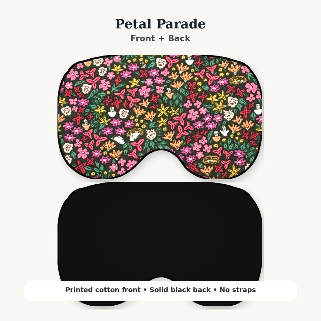 Petal Parade KOZY eye pillow, printed front and solid black back