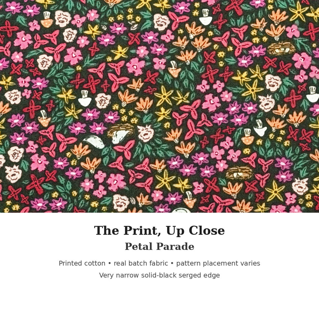 Petal Parade KOZY eye pillow, close-up of fabric and narrow black serged edge