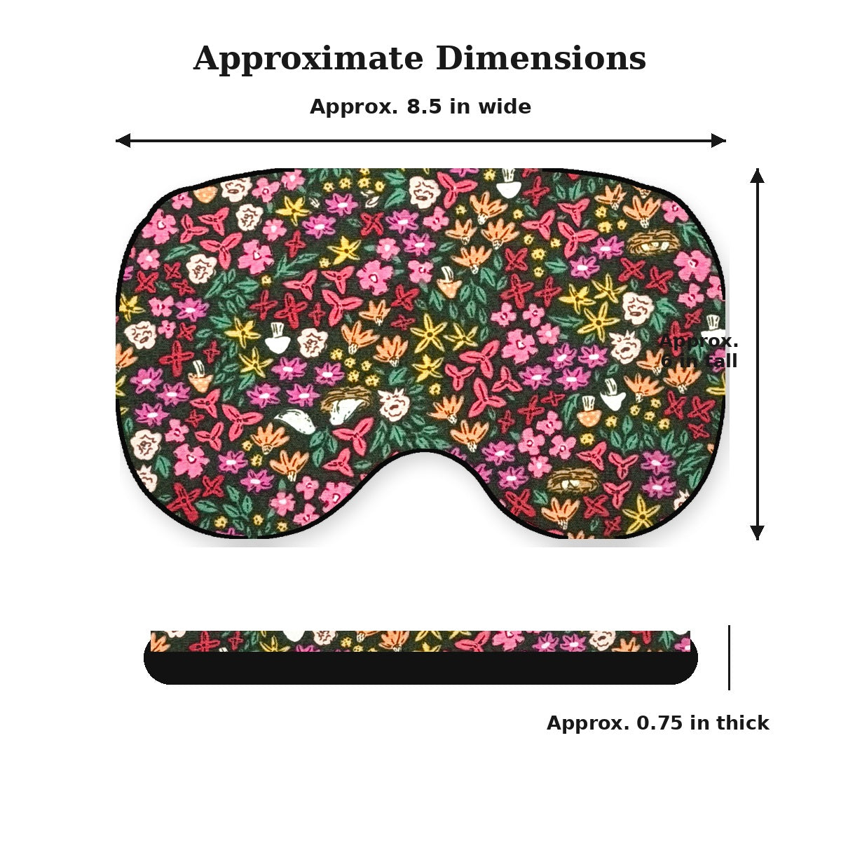 Petal Parade KOZY eye pillow dimensions: approximately 8.5 by 6 by 0.75 inches