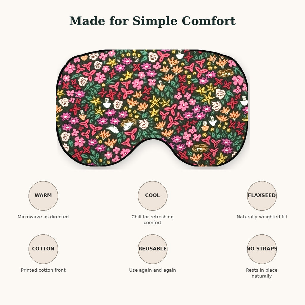 Petal Parade KOZY eye pillow: flaxseed fill, cotton front, no straps, reusable warm or cool as directed